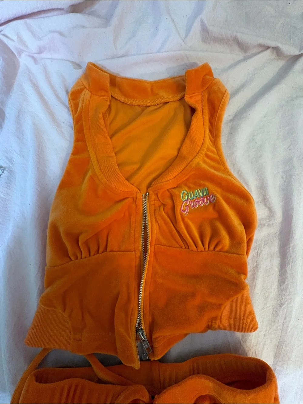 Bright Orange Velour Zip Tank and Shorts Set
